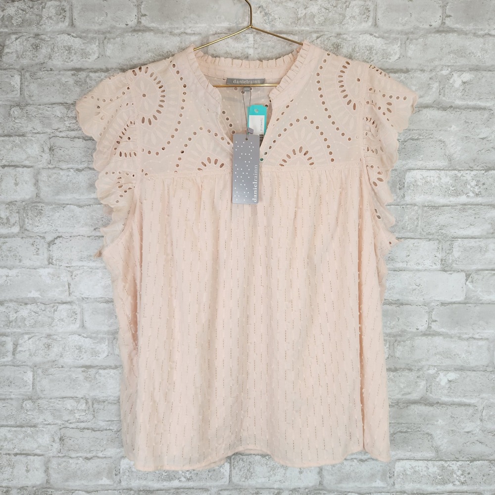 Daniel Rainn Blouse Eyelet Flutter Sleeve Light Pink Cotton Boho Top 2X